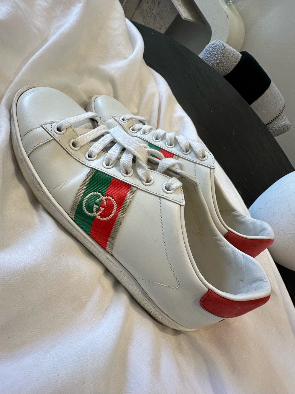 Gucci White Leather Kids Sneakers with Green & Red Stripe